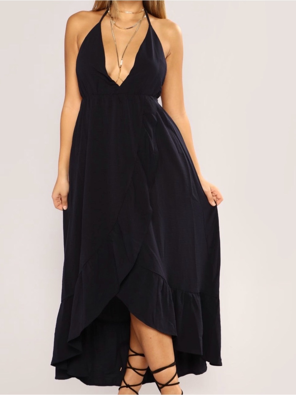 Navy Blue Halter Maxi Dress with Plunge Neckline- no body jewelry included.